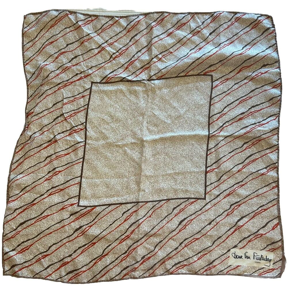 Vintage Diane von Furstenburg Brown Rust and Cream Silk Scarf 23x23 & Scarf Clip